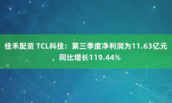 佳禾配资 TCL科技：第三季度净利润为11.63亿元，同比增长119.44%